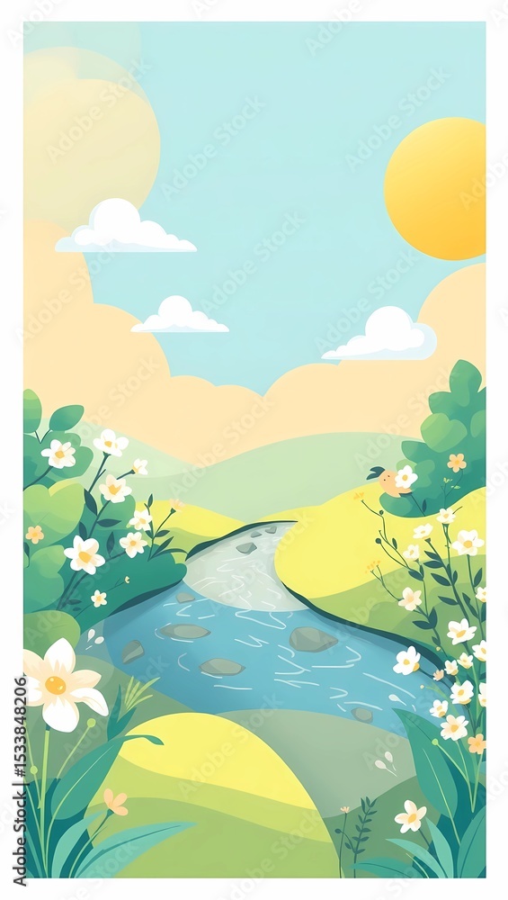 Obraz premium Cartoon landscape illustration of river flowers sun sky clouds and green hills view