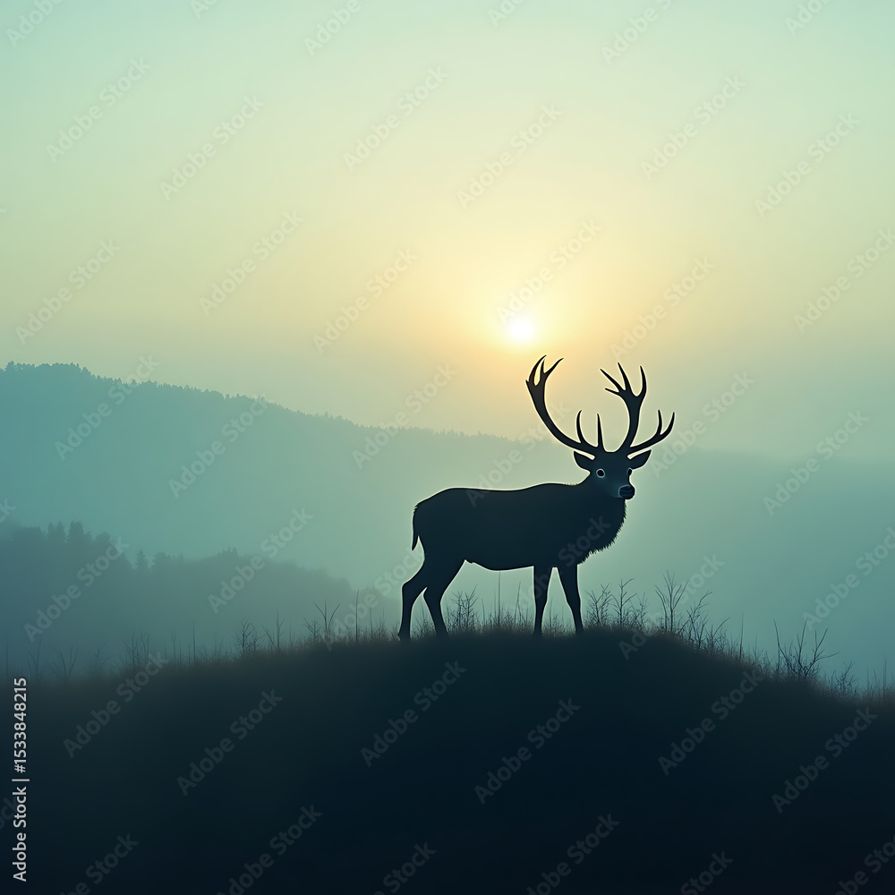 Naklejka premium deer in the sunset-Dramatic Wildlife Sunset Mountain Scene - Premium Stock Photography.png