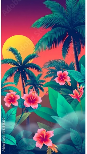 Tropical sunset palm trees and hibiscus flowers vibrant summer vacation art print
