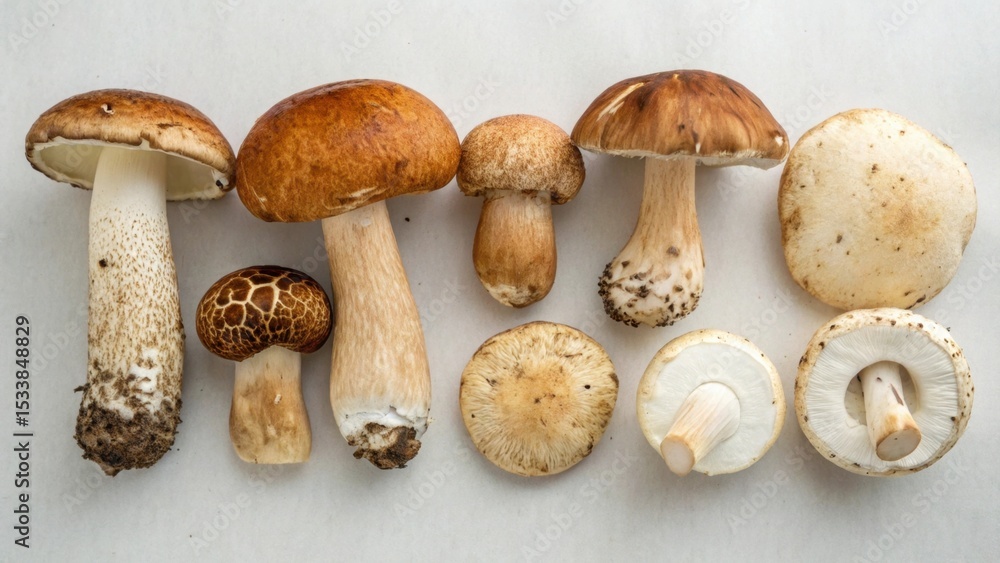 Mushrooms of various shapes and sizes on a light background. Mushrooms of various shapes and sizes on a light background.