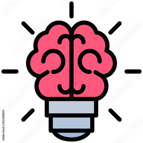 Brain Lamp Outline Flat Icon, Artificial Intelligence Concept in Outline Flat design style