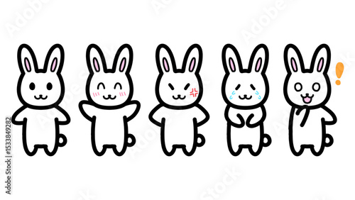 いろいろな表情のうさぎのキャラクターの手描きイラスト
