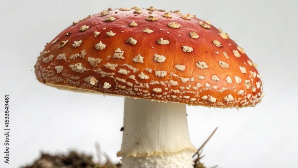 Obraz premium Vibrant red mushroom with white spots on a neutral background.