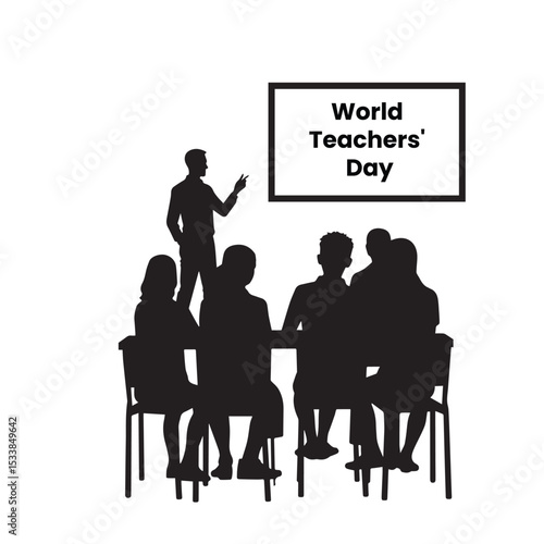World Teacher's Day vector illustration with silhouette of a teacher and students in a classroom setting.