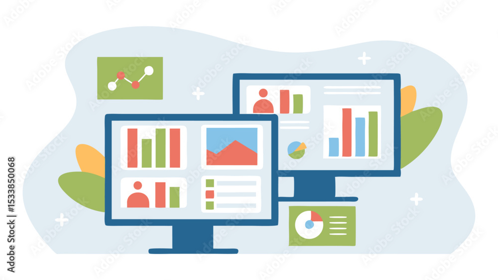 Fototapeta premium Two computer screens displaying data charts and graphs with a light background design style present