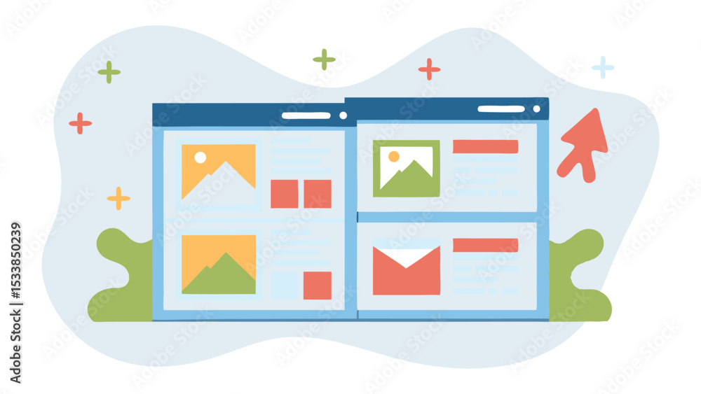 Fototapeta premium Illustration of a split screen interface with images and shapes on a light background design element