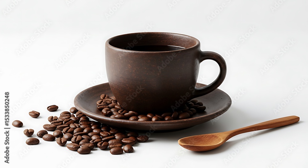 Fototapeta premium Dark Roast Coffee in Rustic Ceramic Mug with Beans and Wooden Spoon