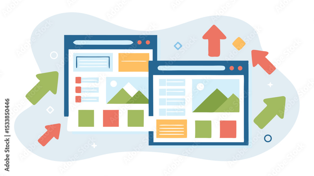 Fototapeta premium Two website windows with content and arrows pointing upwards and outwards design concept vector