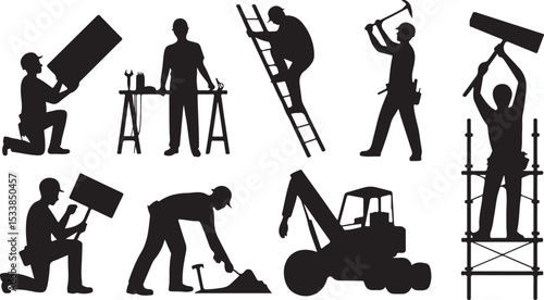 construction worker silhouette laborers performing various tasks such as painting, lifting, hammering and using heavy machinery vector clipart