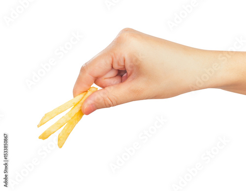 Hand holding french fries isolated on white background.