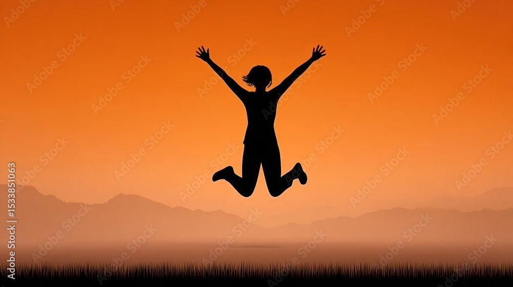 Silhouette of Woman Jumping Joyfully Against Orange Sunset Sky Silhouette of Woman Jumping Joyfully Against Orange Sunset Sky