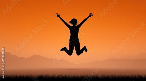 Wallpaper Mural Silhouette of Woman Jumping Joyfully Against Orange Sunset Sky Torontodigital.ca