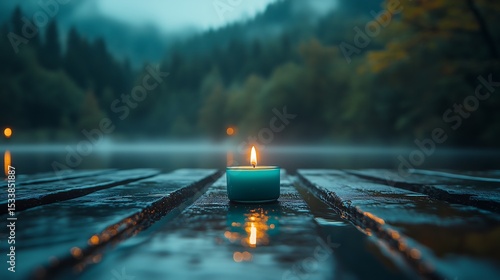 Serene and atmospheric shot of a single glowing teal candle on a wet wooden path at dawn, set against a misty forest background. Perfect for conveying tranquility, mindfulness, and mystery.