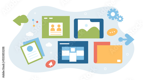 Illustration of multiple digital interfaces with documents and settings on light background
