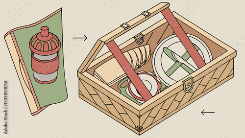 Illustration of a picnic basket filled with plates, cutlery, and a thermos on a blanket ready to go