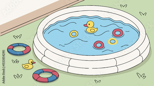 Illustration of an inflatable pool with water, yellow ducks and colorful swim rings on the grass area