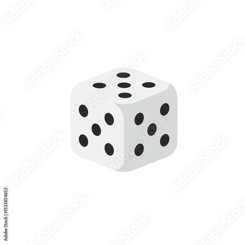 Close-up of a single white die showing black dots, set against a plain background