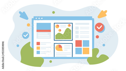 Illustration of a dashboard interface with charts and data visualizations displayed on a screen view