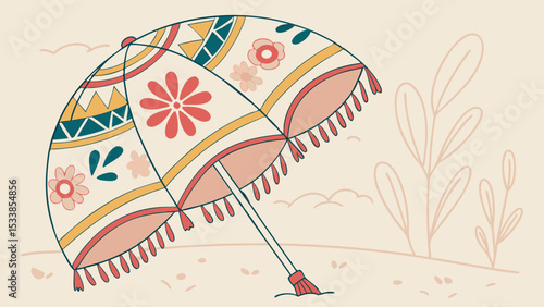 Illustration of a decorated umbrella with tassels on a beach with plants in the background scene design
