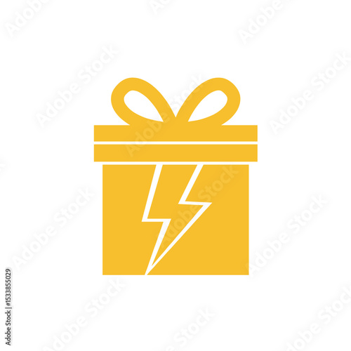 Bright gift box with lightning bolt design, set against a festive background with decorations