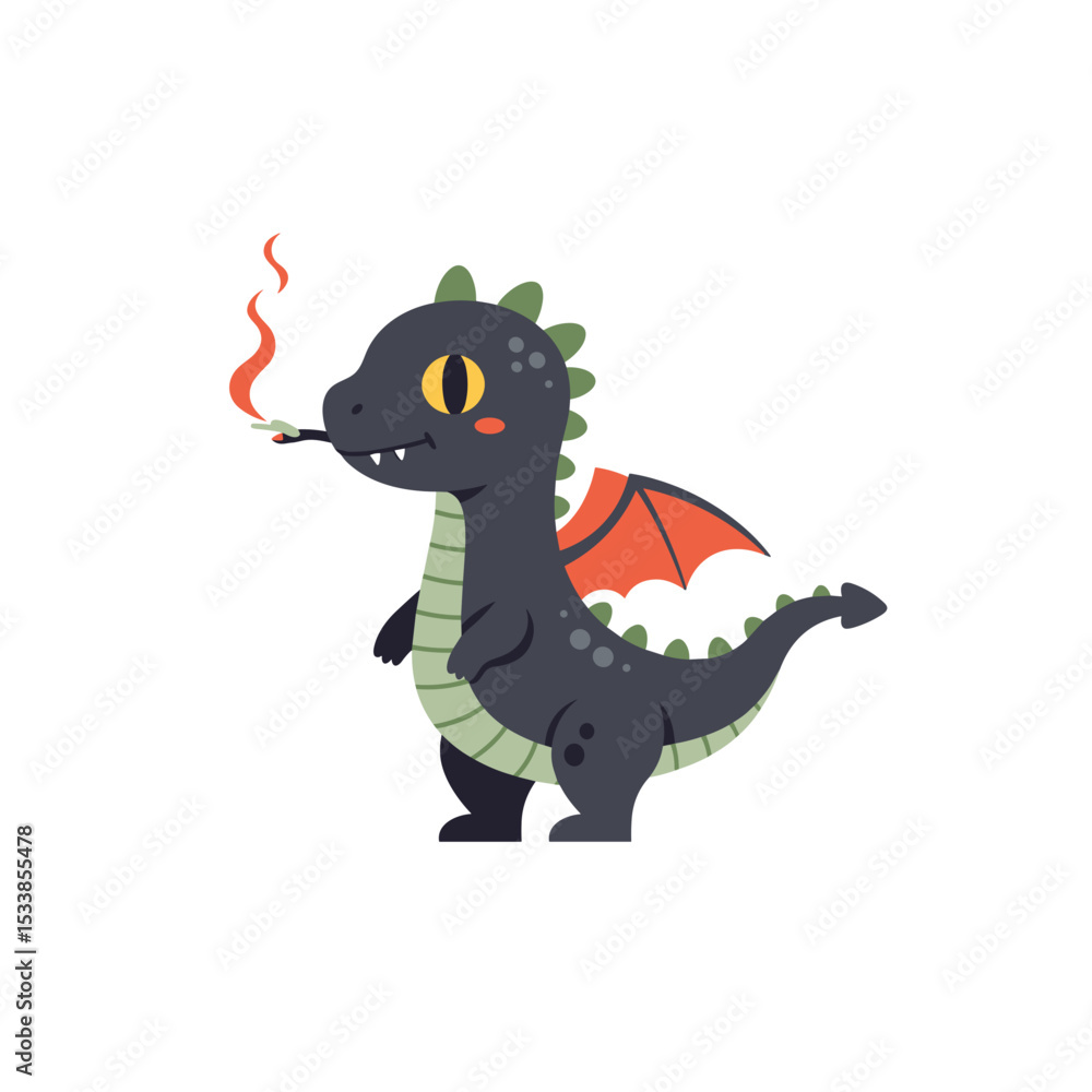 Obraz premium Playful cartoon dragon with a mischievous expression, exhaling smoke, set against a white background