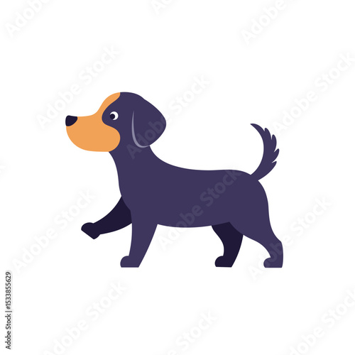 Playful cartoon dog walking happily in a bright, minimalistic background