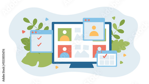 Illustration of a computer screen displaying video conference with floating windows around it