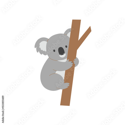 Cute cartoon koala clinging to a tree branch against a simple white background