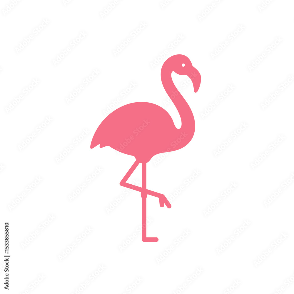 Fototapeta premium Vibrant pink flamingo standing gracefully by a serene water body in a lush landscape