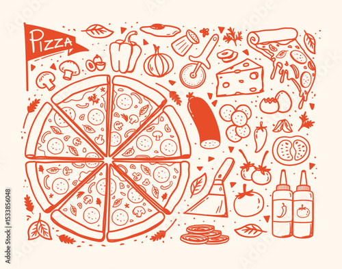 Pizza hand drawn illustration set, outlined style, pizza doodle illustration