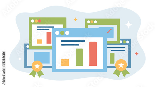 Illustration of multiple windows displaying charts and graphs with award decorations around them