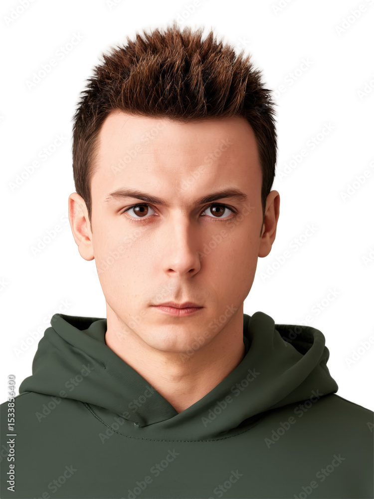 Obraz premium Young man with short, spiky brown hair and dark brown eyes, a serious, intense expression. He wears a hoodie and