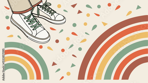 Illustration showing shoes with laces, rainbow and confetti on a light background, whimsical design style
