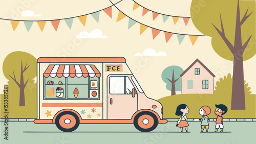 Illustration of an ice cream truck with children waiting in line and bunting flags hanging above it all