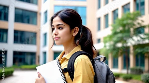 young woman with long dark hair, wearing a yellow shirt, standing in a modern, urban setting with tall buildings and greenery in the background. She is carrying a gray backpack and holding 