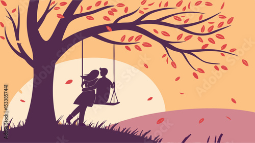 Silhouette of a couple on a swing under a tree with falling leaves against a sunset backdrop in autumn scene