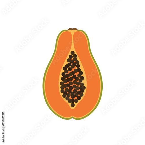 Vibrant papaya cut in half revealing seeds, set against a clean white background