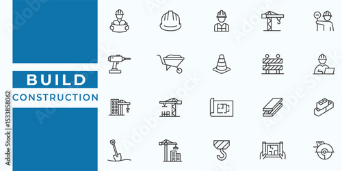 Construction & building icon set. Vector illustration of architecture, bulldozer, tools, foundation, cement, construction, crane, wall, building, palette, and bulldozer