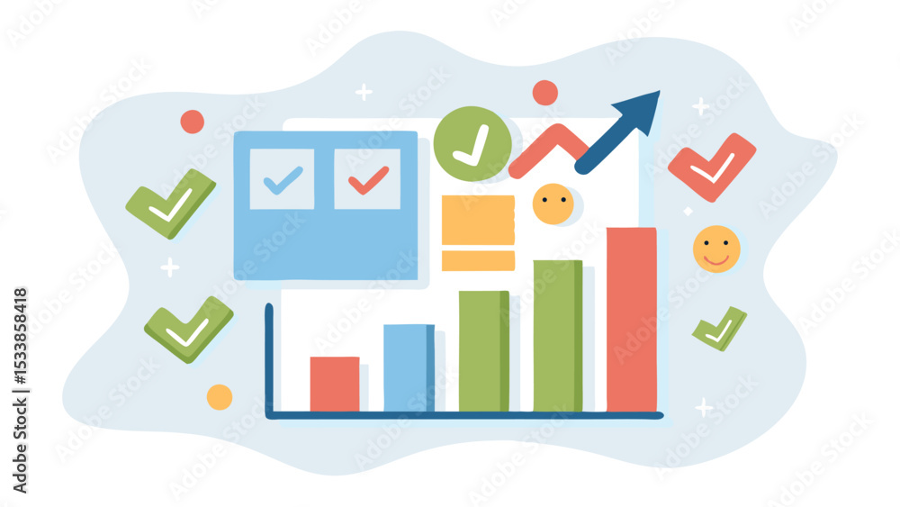 Obraz premium Illustration of a bar graph showing progress with check marks and upward arrow indicating growth
