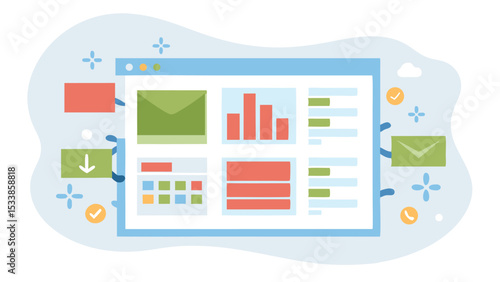 Illustration of a dashboard interface with charts and email icons in a light blue frame