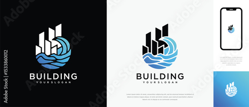 Wave real estate building logo design. Natural wave house logo icon