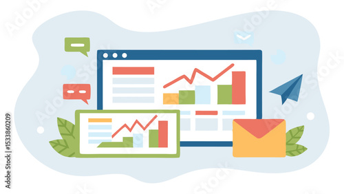 Illustration of data charts on screens with a paper airplane and an envelope icon nearby