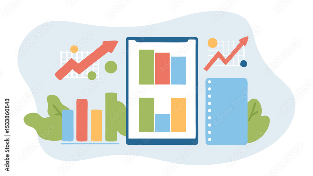 Fototapeta premium Illustration of a tablet displaying bar graphs with upward trending arrows and a notepad nearby