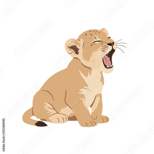 A playful lion cub yawning joyfully in a bright, minimalist setting, symbolizing innocence