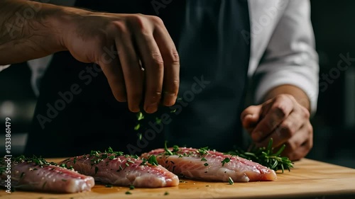 Close-up of chef seasoning fresh fish fillets with herbs for gourmet cuisine