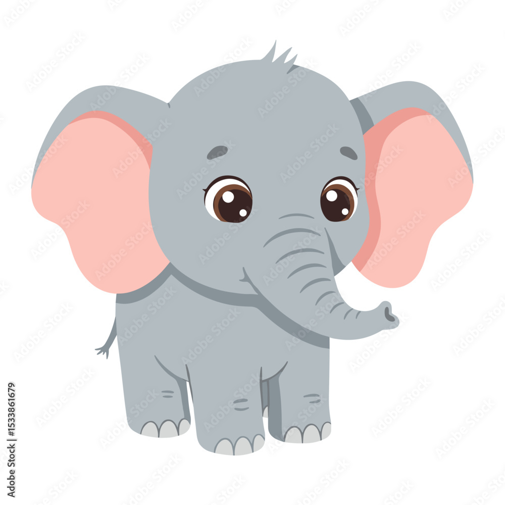 Fototapeta premium Cute cartoon elephant with big ears against a simple white background, ideal for children's materials