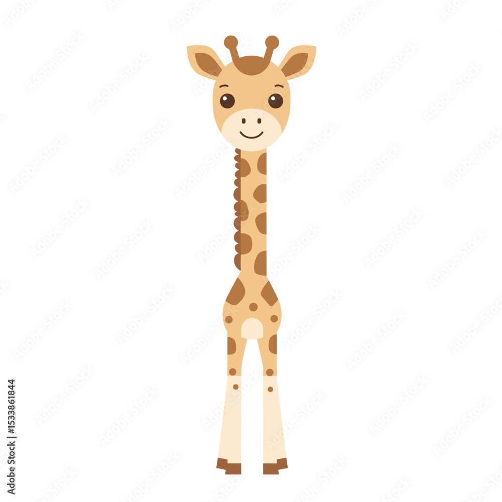 Obraz premium Cute cartoon giraffe character with a smiling face and distinct spots on a white background