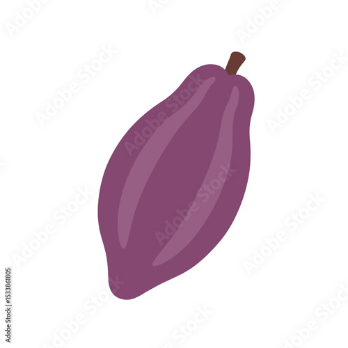 A vibrant purple eggplant resting on a wooden table with a blurred kitchen background
