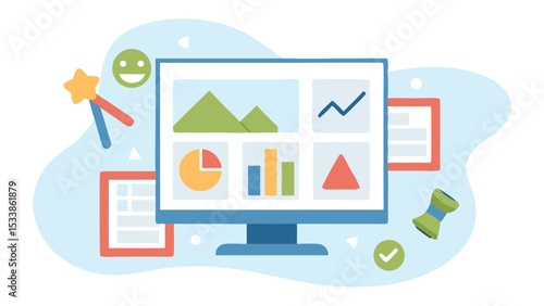 Computer screen displaying various charts and graphs with surrounding icons and decorations around it