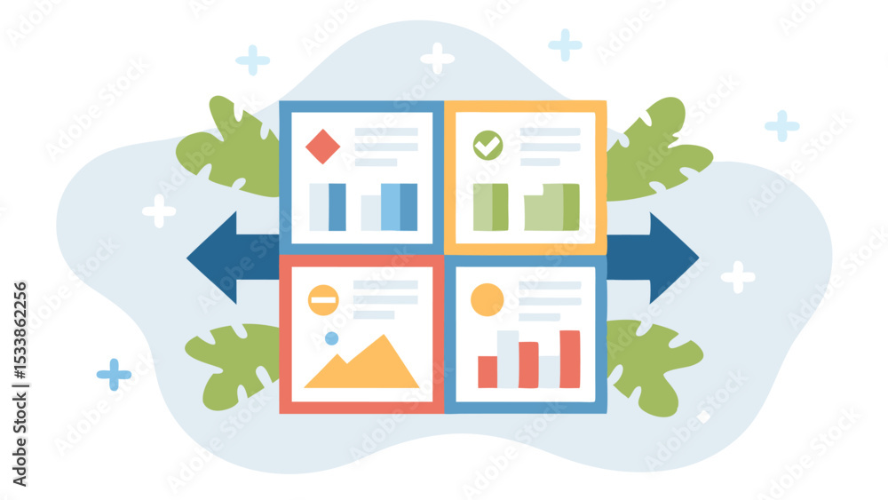 Naklejka premium Four data charts in square frames with arrows pointing in opposite directions on a patterned background